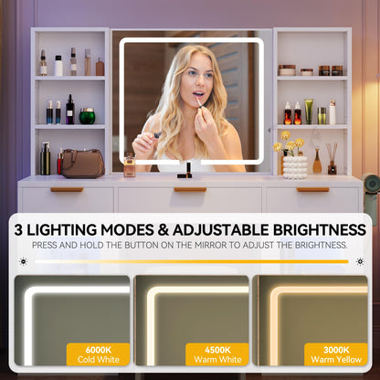 DWVO 56.3" Makeup Vanity with LED Lighted Mirror, Large Vanity Desk with RGB Glass Cabinets, Open Shelving, Built-in Power Strip & Cushioned Stool