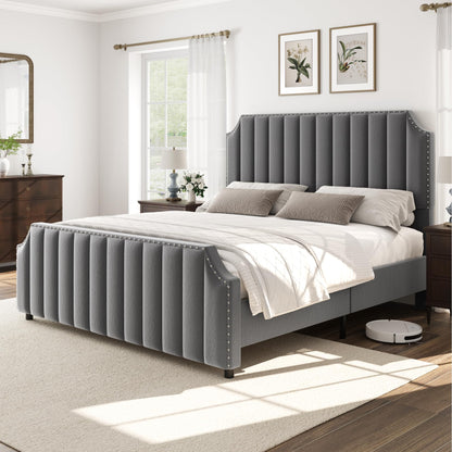 GarveeHome King Size Platform Bed Frame with 50.2 in Headboard, Velvet Upholstered Bed Frame King with Vertical Channel Tufted Headboard & Footboard, Nailhead Trim, No Box Spring Needed, Grey
