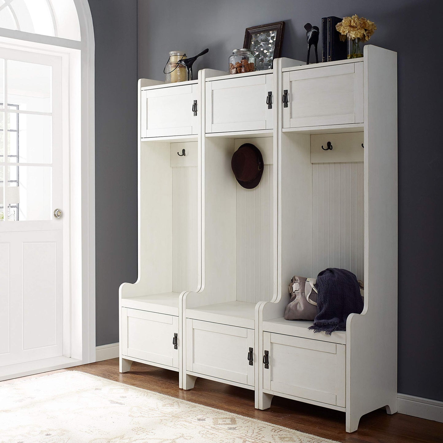 Crosley Furniture Fremont 3-Piece Hall Tree Entryway Set with Storage Cabinets and Coat Rack Hooks, Distressed White