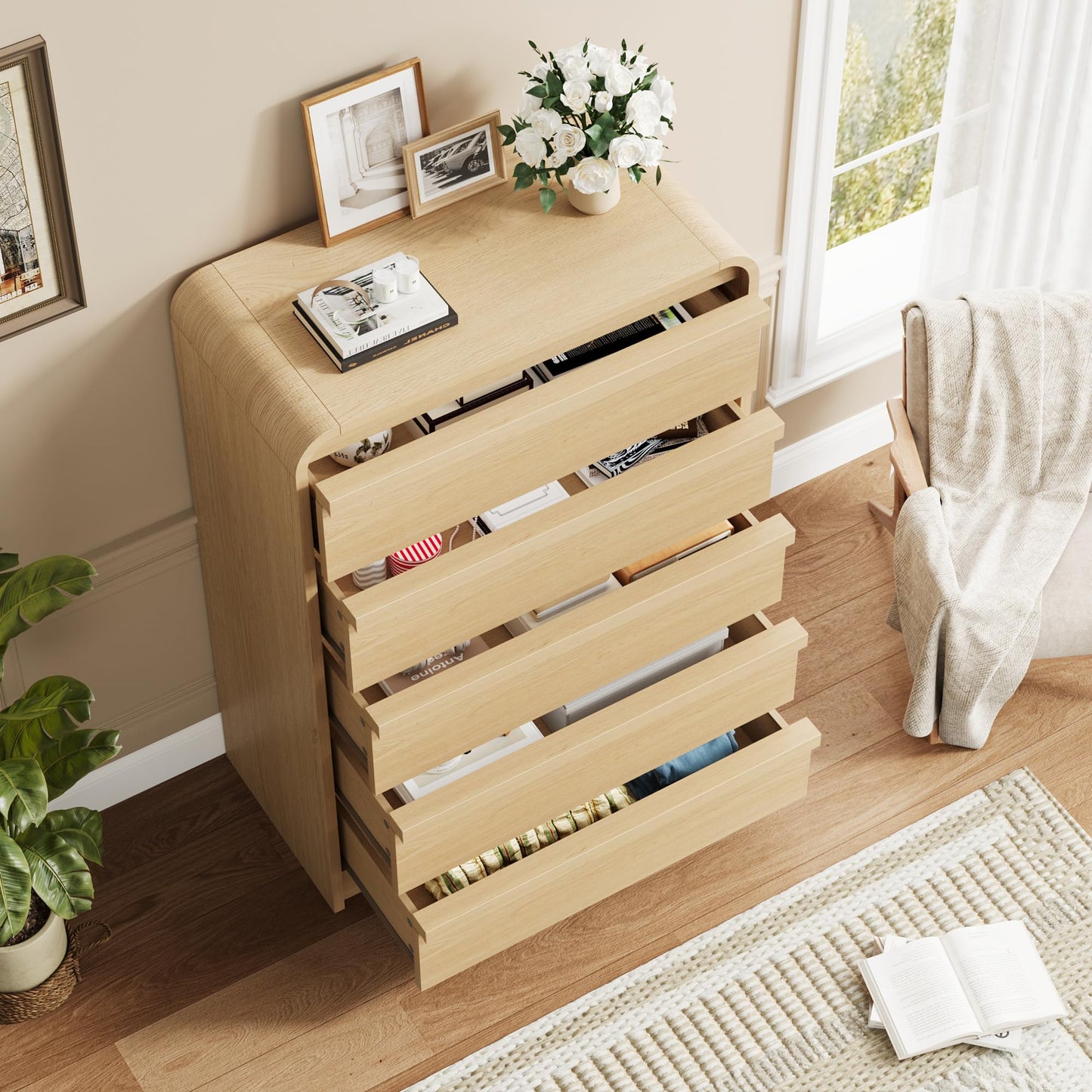 Garvee 5 Drawer Dresser for Bedroom, 45" Tall Wooden Dressers with Curved Profile Design, Mid Century Chest of Drawers Closet Clothes Storage Organizer for Living Room, Entryway, Nursery, Natural