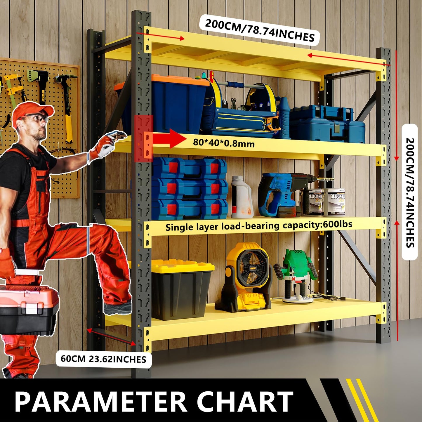 5000LBS Heavy Duty Storage Shelves, 78.74” W Adjustable Metal Garage Shelving Units, Industrial Shelving for Warehouse & Commercial Storage (Blue and Orange(Yellow and Black, W78.74*D23.62*H78.74)