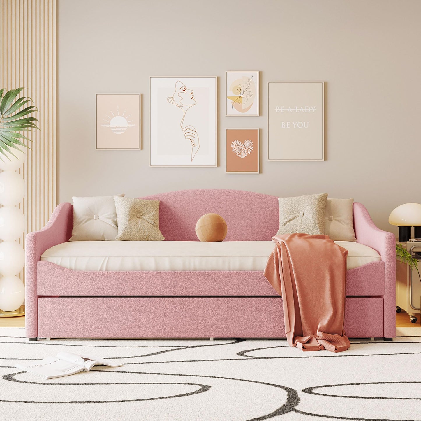 Twin Size Upholstered Daybed with Trundle,Teddy Fleece Twin Daybed Frame,Twin Day Bed with LED Light,Tufted Sofa Bed Daybed for Bedroom,Living Room,Guest,Pink