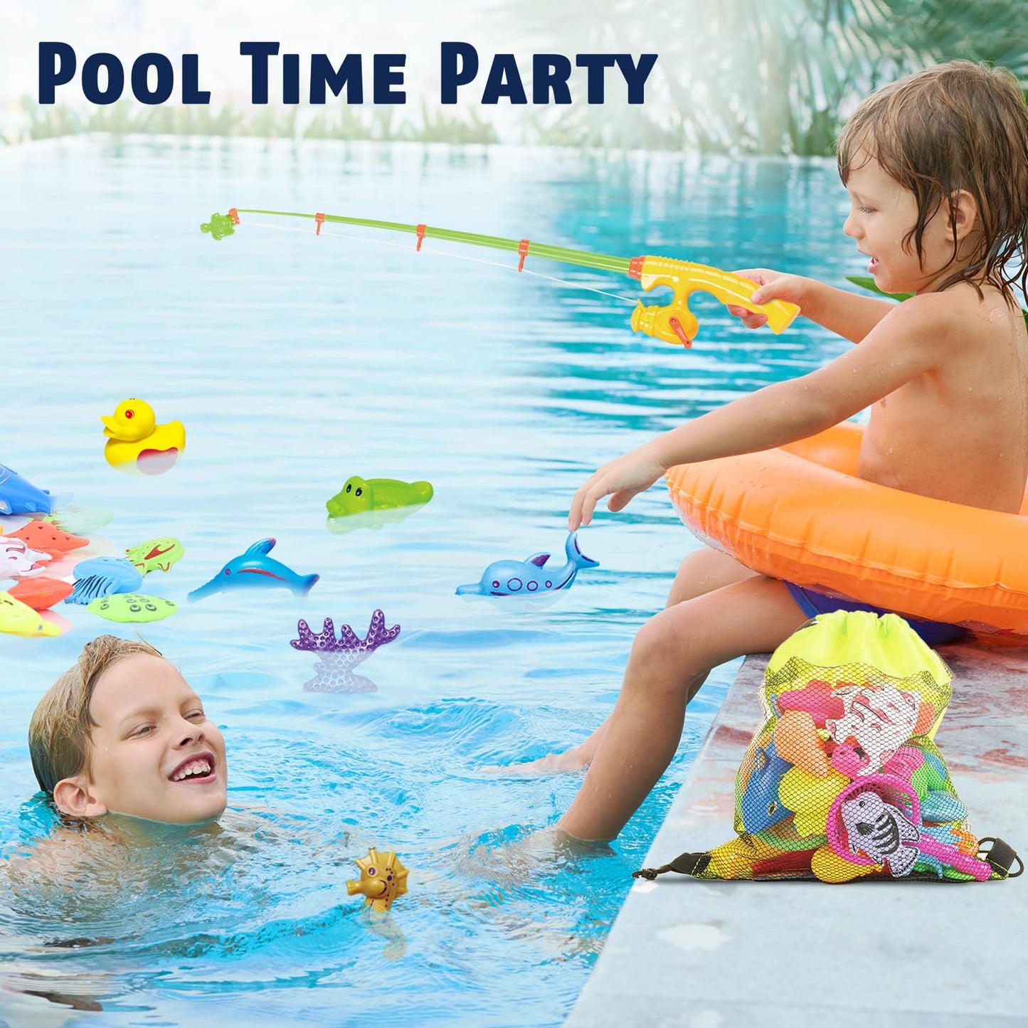 CozyBomB™ Magnetic Fishing Toys Game Set for Kids | Water Table Bathtub Kiddie Pool Party & Pole Rod Net, Plastic Floating Fish Toddler Color Ocean Sea Animals Birthday Age 3 4 5 6 Year