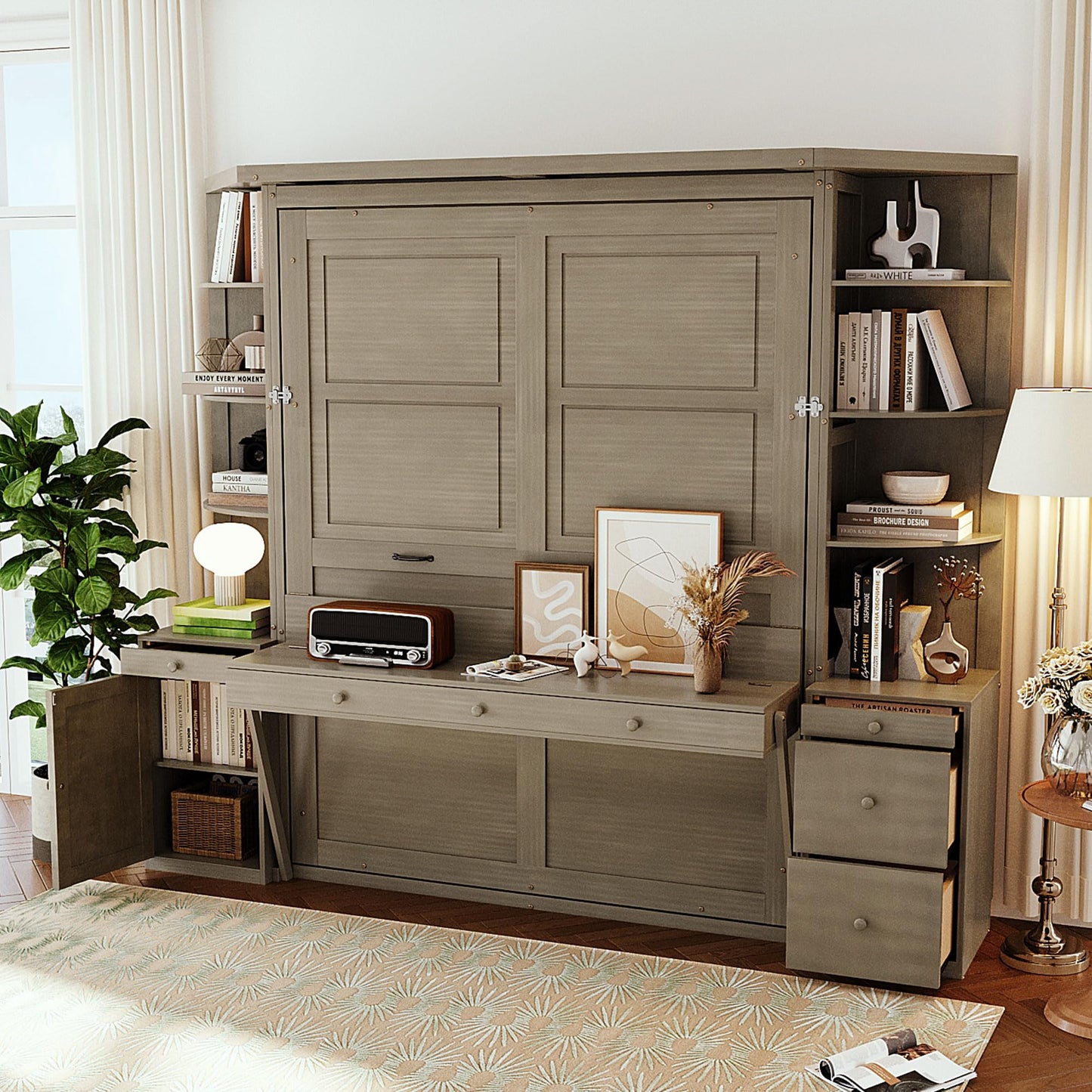 Merax Queen Murphy Bed with Desk and Storage, Hidden Wall Bed with Foldout Workstation, Shelves and Cabinets for Space-Saving Home Office, Gray