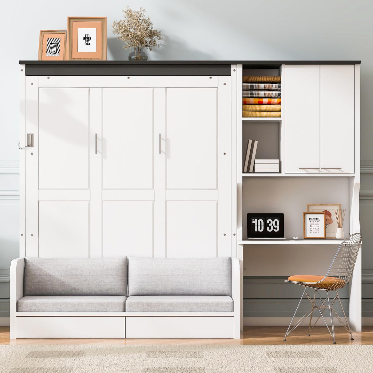 Merax Farmhouse Multi-Functional Murphy Bed with Sofa, Desk & Storage Cabinet,Solid Wood Foldable Wall Bed/Space Saving/No Box Spring Needed/Full,White + Gray
