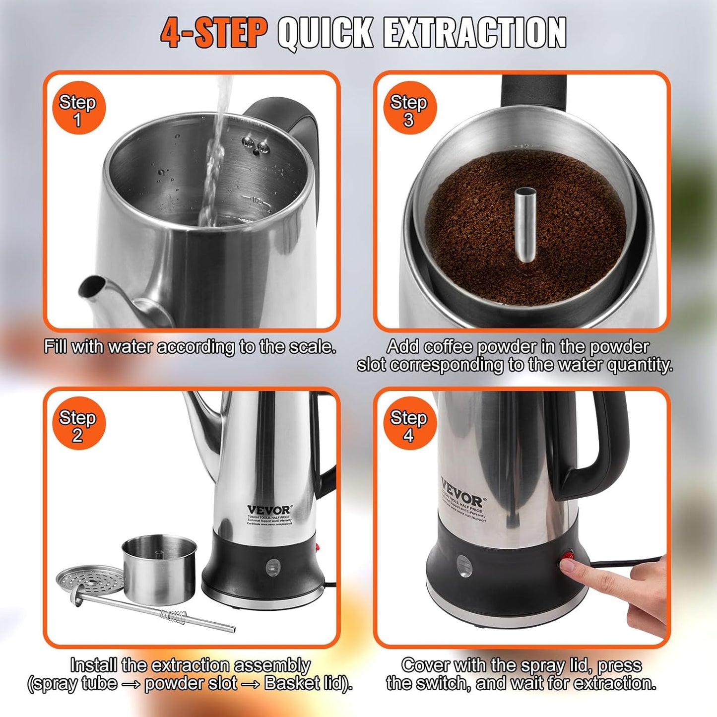 12-Cup 304 VEVOR Electric Percolator Coffee Pot, Stainless Steel Body Coffee Percolator with Keep Warm Function