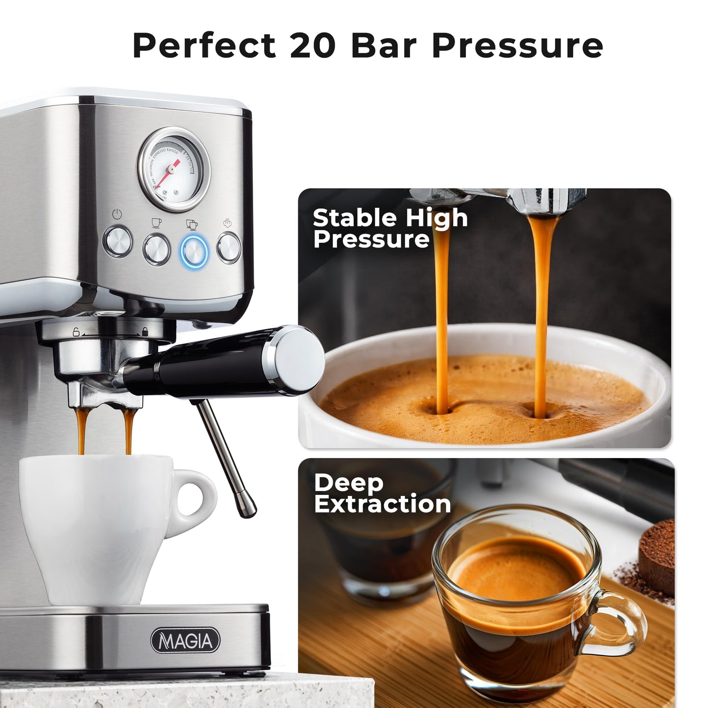 Zulay Kitchen Magia Compact Espresso Machine – 20 Bar Coffee Maker with Milk Frother Steam Wand, Latte & Cappuccino Maker, 1350W Fast Heating, 40oz Removable Water Tank, Stainless Steel – Silver