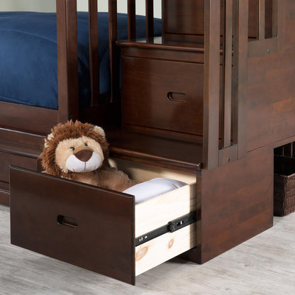 AFI, Columbia Staircase Bunk Bed Twin Over Full with Twin Raised Panel Trundle, Walnut