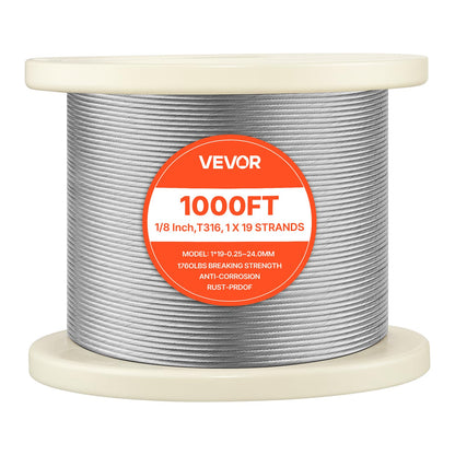 VEVOR 1/8 Inch Wire Rope, 1000 ft Length, 316 Stainless Steel Wire Cable with Cutter, 1760 lbs Breaking Strength, 1 x 19 Strands Construction, Steel Cable for Deck Railing System, Garden Trellis