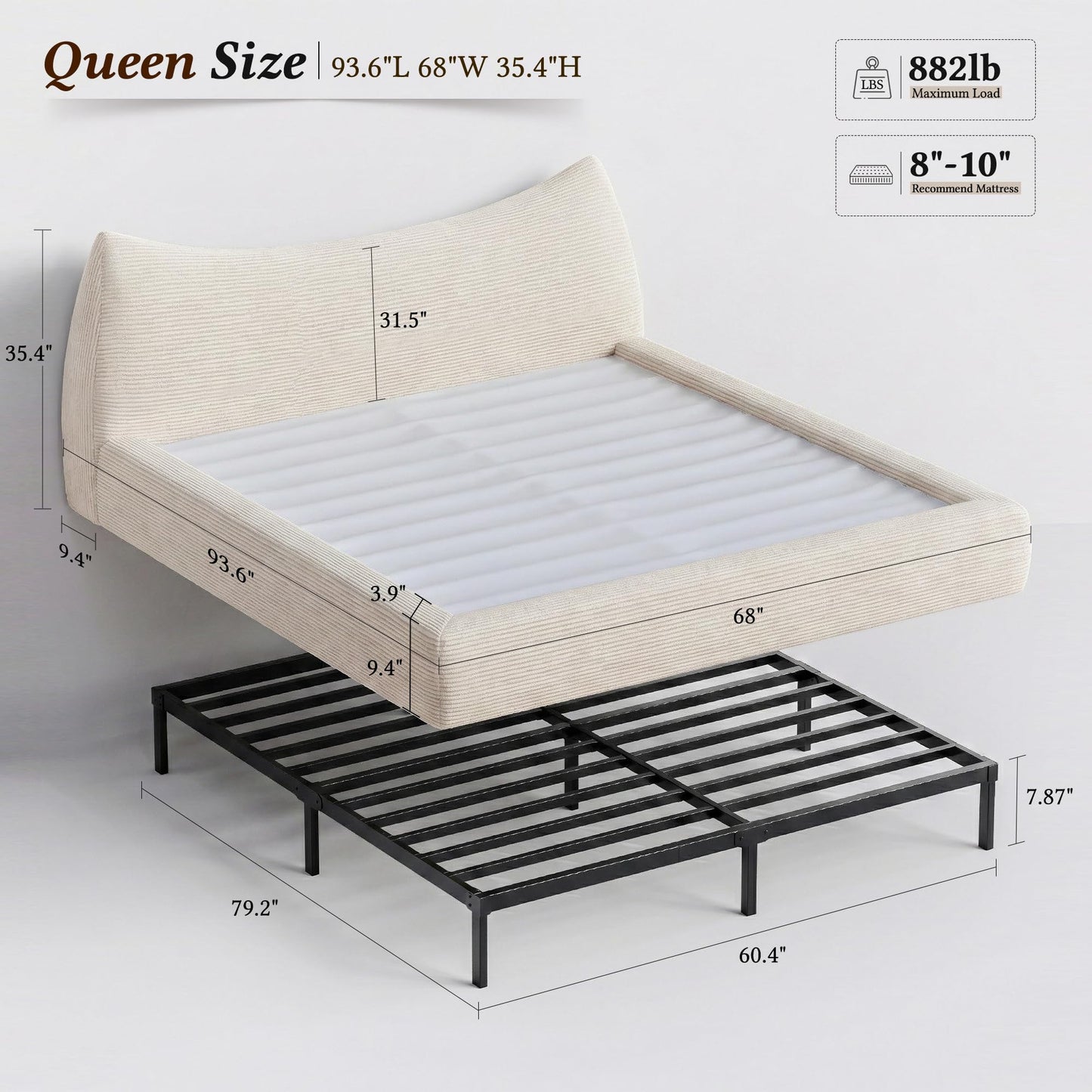 Homkdom Cloud Bed Frame with 9.4" Extra Thick Soft Headboard, Anti-Collision Round Corner Soft Queen Bed Frame for Modern Bedroom,Apartments,Bed Frame Queen Size with No Box Spring Needed,Beige