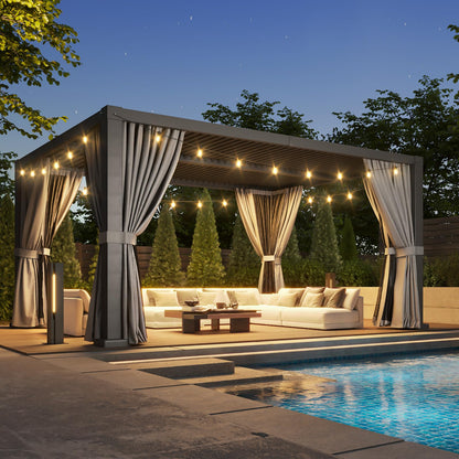 Aoxun Louvered Pergola 12' x 16' Aluminum Outdoor Pergola with Independent Adjustable Roofs, Curtains and Netting, Built-in Drainage System for Patios & Backyards, Rust Resistant Frame