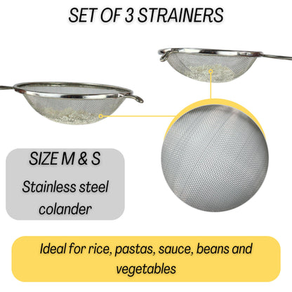 Mesh Strainers - Stainless Steel Fine Mesh Strainer - Colander-Skimmer with Handle - Sieve Sifters for Food - Strainer Sieve - Set of 3 Kitchen Strainers