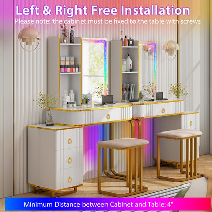 CHARMAID RBG Vanity Desk with Lights and Mirror, 7 Dynamic & 7 Static Modes, White Makeup Vanity Table with 3-Drawer Chest, 3 Shelves, Jewelry Storage Drawer, Girls Dressing Table with Stool