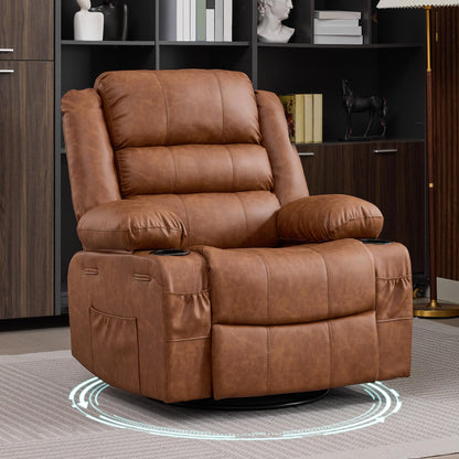 Rocker Recliner Chair for Adults Manual 360° Swivel Single Sofa Seat Glider Chair with 3 Positions 2 Side Pockets Cup Holders PU Fabric for Living Room Nursery Office
