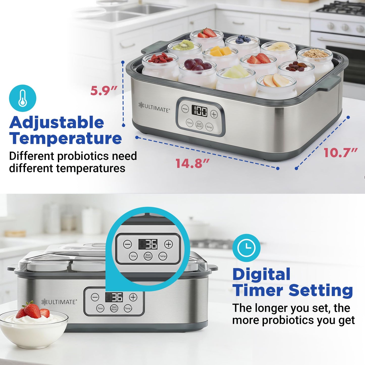 Ultimate Probiotic Yogurt Maker XL, Adjustable Time & Temperature Control, 50% More Capacity with 12 x 6oz Yogurt Jars, Make Trillions of Probiotics for Gut Health, ULTIMATE LIFETIME WARRANTY
