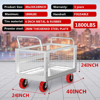 5IN1 Heavy Duty Platform Truck with Cage 40x24 Hand Truck,1800lbs Capacity Basket Cart w/Wheels, Multi-Functional Push Dolly w/6” Swivel Casters, Versatile Flatbed Cart