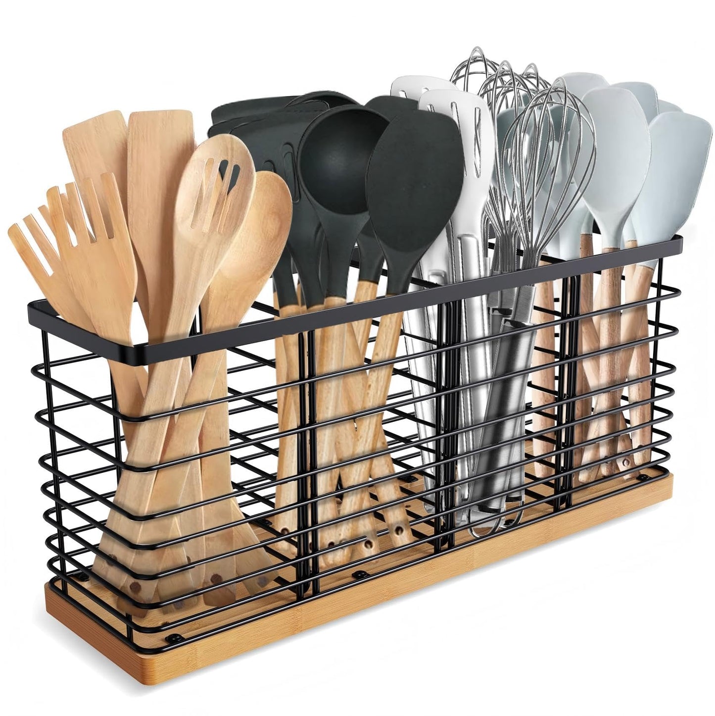 Suli Extra Large Kitchen Utensil Holder Countertop with 4 Compartments,Matte Black Metal holder with Wooden Base for Countertop,Farmhouse Utensil Organizer for counter,Rustic Cooking Utensil Organizer