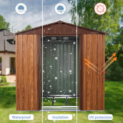 6 x 6 Ft Outdoor Metal Storage Shed with Woodgrain & Side Window, Accent Garden Shed w/Air Vents, Floor Base and Lockable Sliding Doors, Utility Tool Storage House for Backyard Lawn,Brown