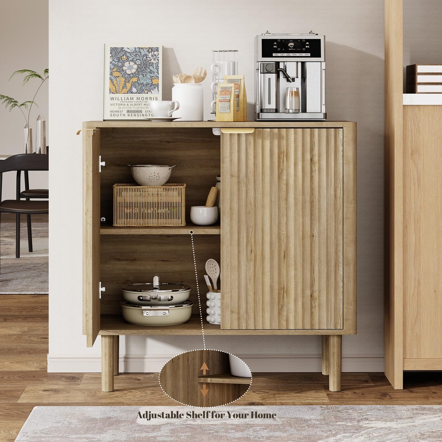 Sideboard Buffet Cabinet with Storage, Modern Fluted Accent Credenza with Doors & Adjustable Shelves, Wood Coffee Bar Console Table for Living Room, Dining Room, Kitchen or Entryway 31.5"(2pcs)Oak