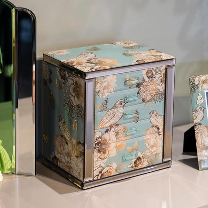 Homruilink High End Glass Jewelry Box, 5 Layer Jewelry Organizer for Women, Side Doors & Mirror, Velvet-Lined Storage for Rings & Necklaces, Ideal Gift (Bird & Floral)