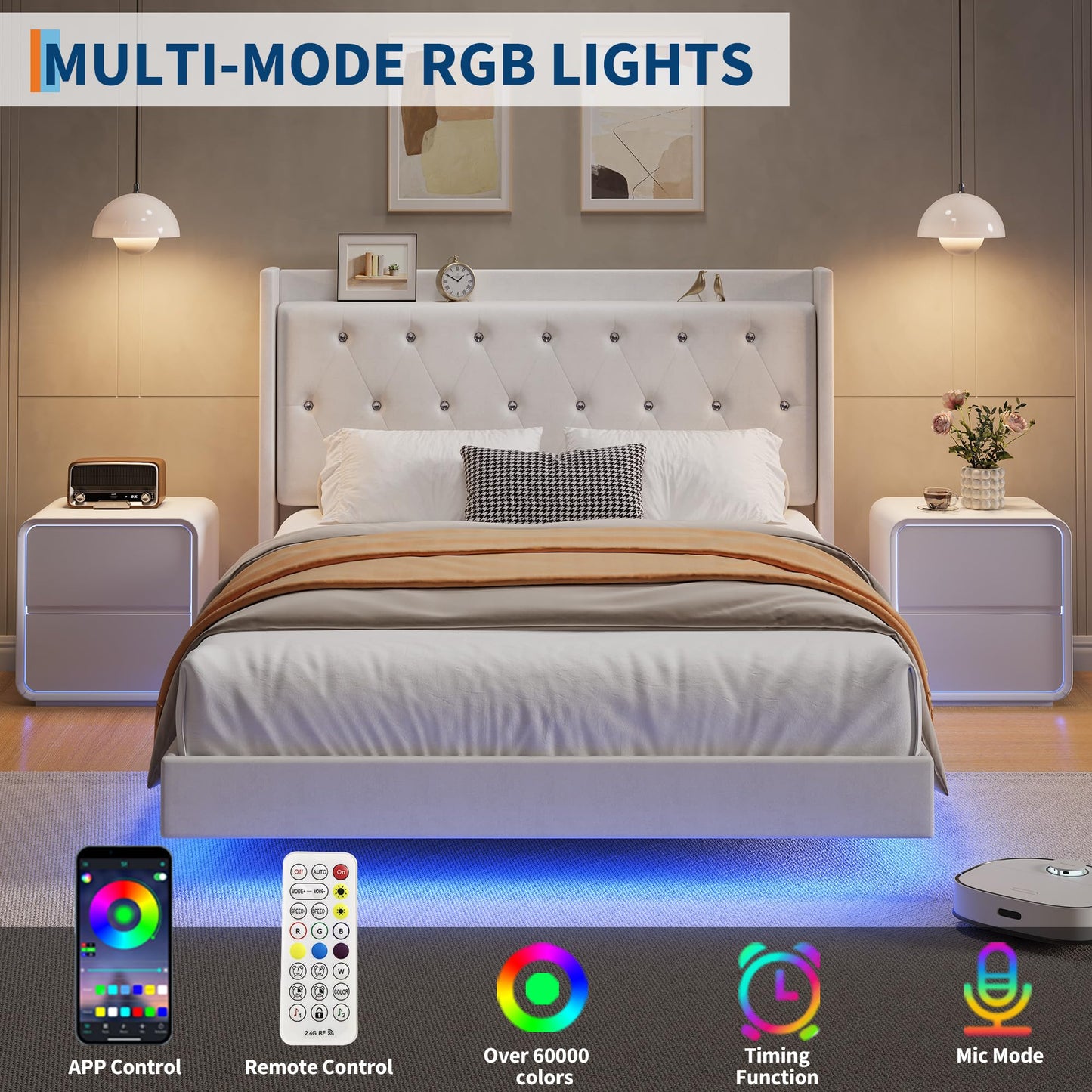 GAOMON Floating Bed Frame Full Size with LED Lights, Velvet Upholstered Platform Full Bed Frame with Wingback Storage Headboard, No Box Spring Needed, Easy Assembly, White