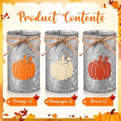 Domensi 6 Pcs Thanksgiving Table Centerpieces Fall Pumpkin Vases Decor Farmhouse Galvanized Metal Vases for Flowers Mason Jar Utensil Holder for Thanksgiving Fall Autumn Rustic Home Office Decorations