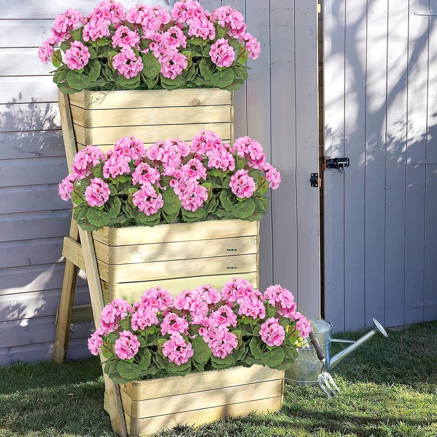 TOCHGREEN Artificial Fake Flowers, Purple Pink Geranium Silk Bush 2 Bundles for Outdoor Decor