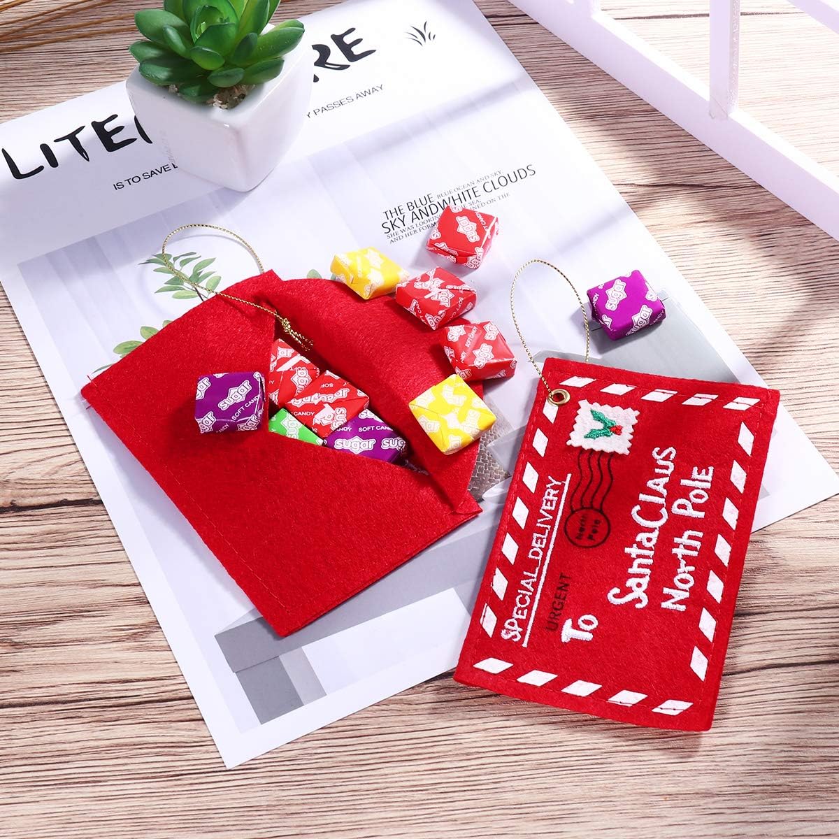 Letter Envelope to Santa Claus, 10pcs Christmas Candy Bag Tree Ornament Embroidery (Red)
