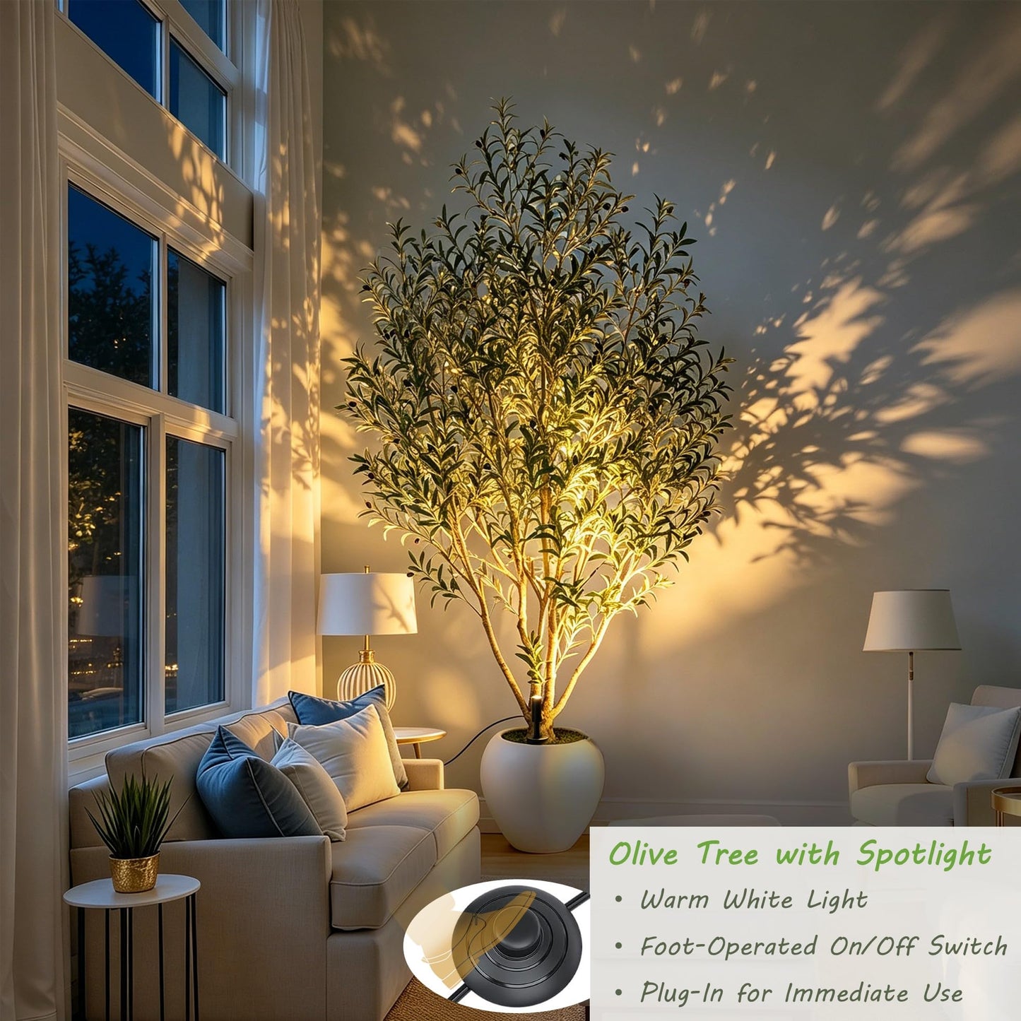 Nafresh 9FT Large Faux Olive Tree with 18.4''Wx16.5''H White Planter & White Spotlight, Olive Trees Artificial Indoor with Multi Branches, Fake Olive Tree for Indoor Outdoor Home Office Decor