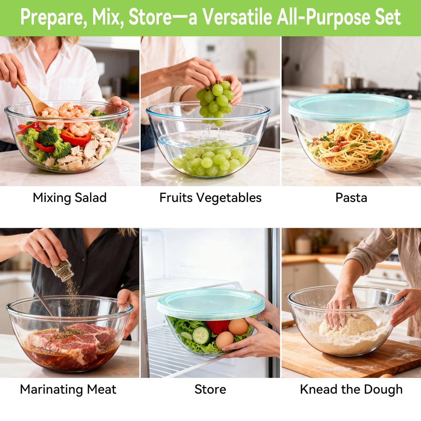 YUANYE 5 Pack Glass Mixing Bowls with Lids Set (5/2.5/1.5/0.9/0.6QT), Thick Glass Large Salad Bowl Set, Nesting Kitchen Bowls for Serving, Prepping, Cooking and Baking, Dishwasher,Oven,Microwave Safe