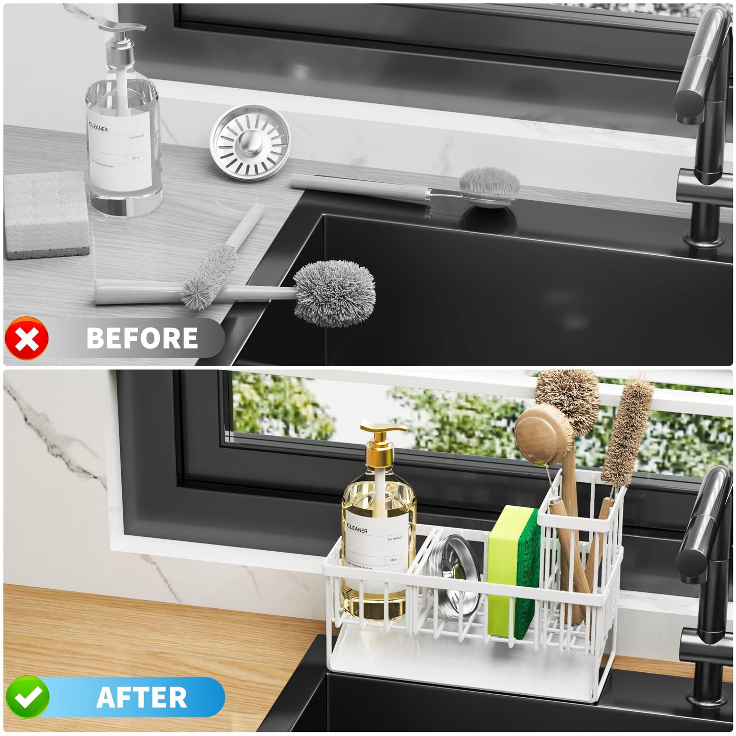 Cisily Sink Caddy Sponge Holder - Stainless Steel Rustproof, High Brush Holder, Dish Sponge Organizer with Divider (White)