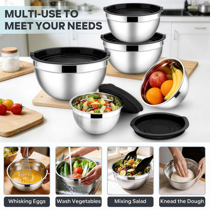 E-far Mixing Bowls With Lids Sets of 5, 10-Piece Stainless Steel Salad Metal Nesting Bowl for Baking Cooking and Prepping, Airtight Lid & Stackable Design, Size 4.6, 3, 2.1, 1.5, 0.7 QT, Black