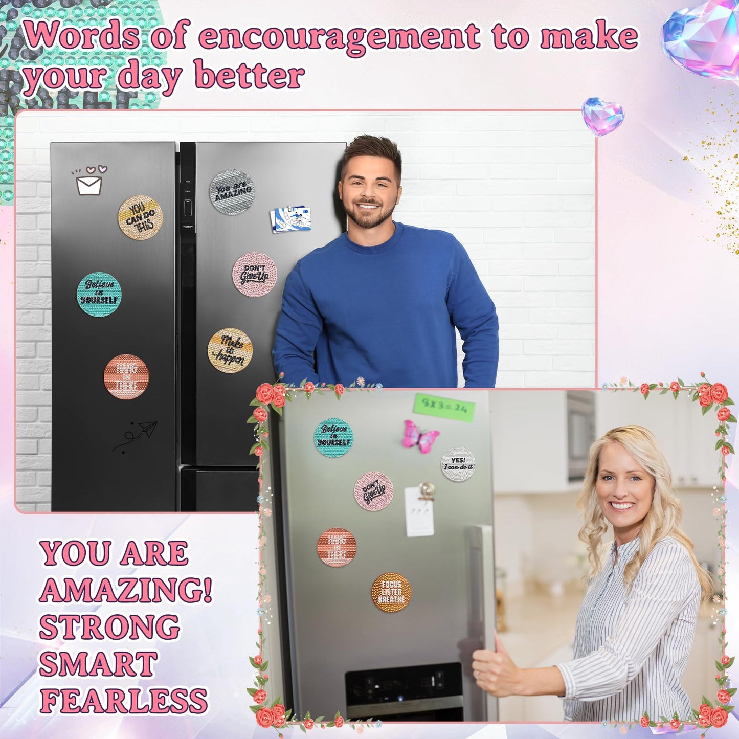 Saysurey 16 Pcs Diamond Art Magnet Kits Diamond Painting Magnets DIY for Adults Crafts Refrigerator Painting Stickers Kits for Gifts Home Decor(Inspirational)
