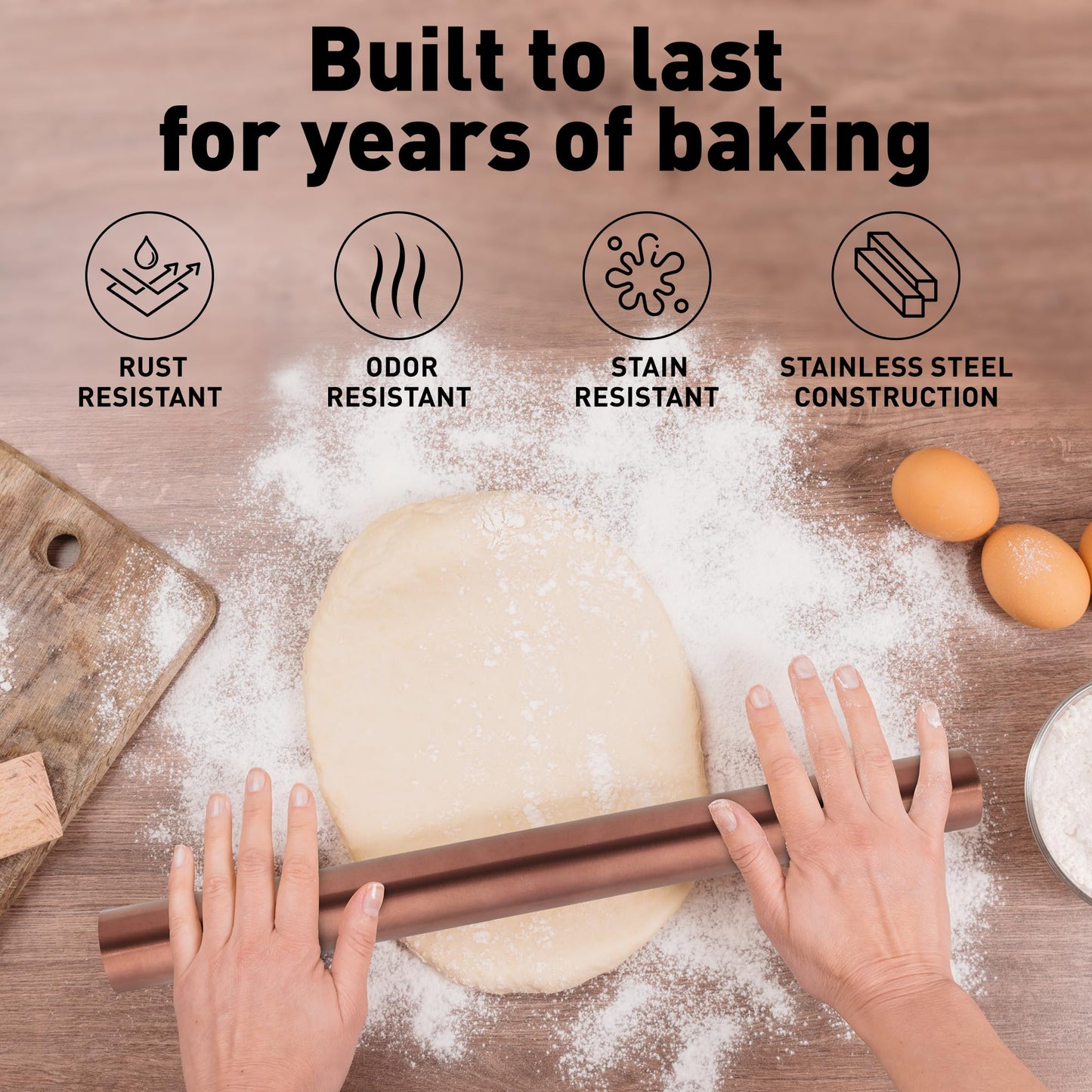 Zulay Kitchen 15.9 inch Professional Stainless Steel Rolling Pin - Lightweight Metal French Rolling Pin - Perfect for Baking, Fondant, Pizza Dough Roller, Dumpling - Copper