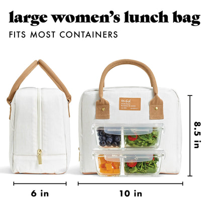 Fit & Fresh Lunch Bag For Women, Insulated Womens Lunch Bag For Work, Leakproof & Stain-Resistant Large Lunch Box For Women With Containers, Zipper Closure Bloomington Bag, Ivory Woven