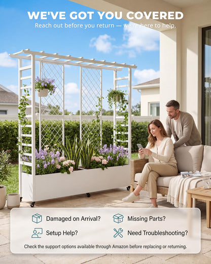TinFrey Metal Raised Garden Bed with Trellis, 77" Double Planter Box with Pergola Top & Diamond Lattice, 6 Wheels (4 Lockable), Outdoor Trellis Planter for Climbing Plants Vines Flowers, White