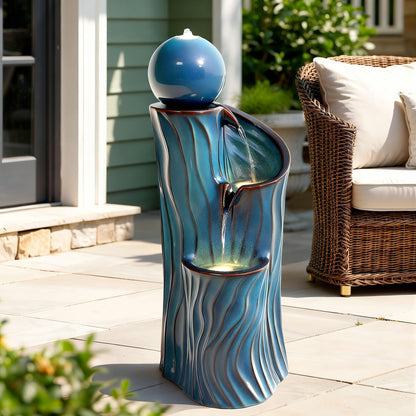 Ultym 32" H Ceramic Outdoor Water Fountain with Lights, Art Sphere Fountains for Outside, Soothing Cascading Waterfalls for Relaxing Garden Patio Yard or Porch Decor, Turquoise, Dynamic Wave-Texture