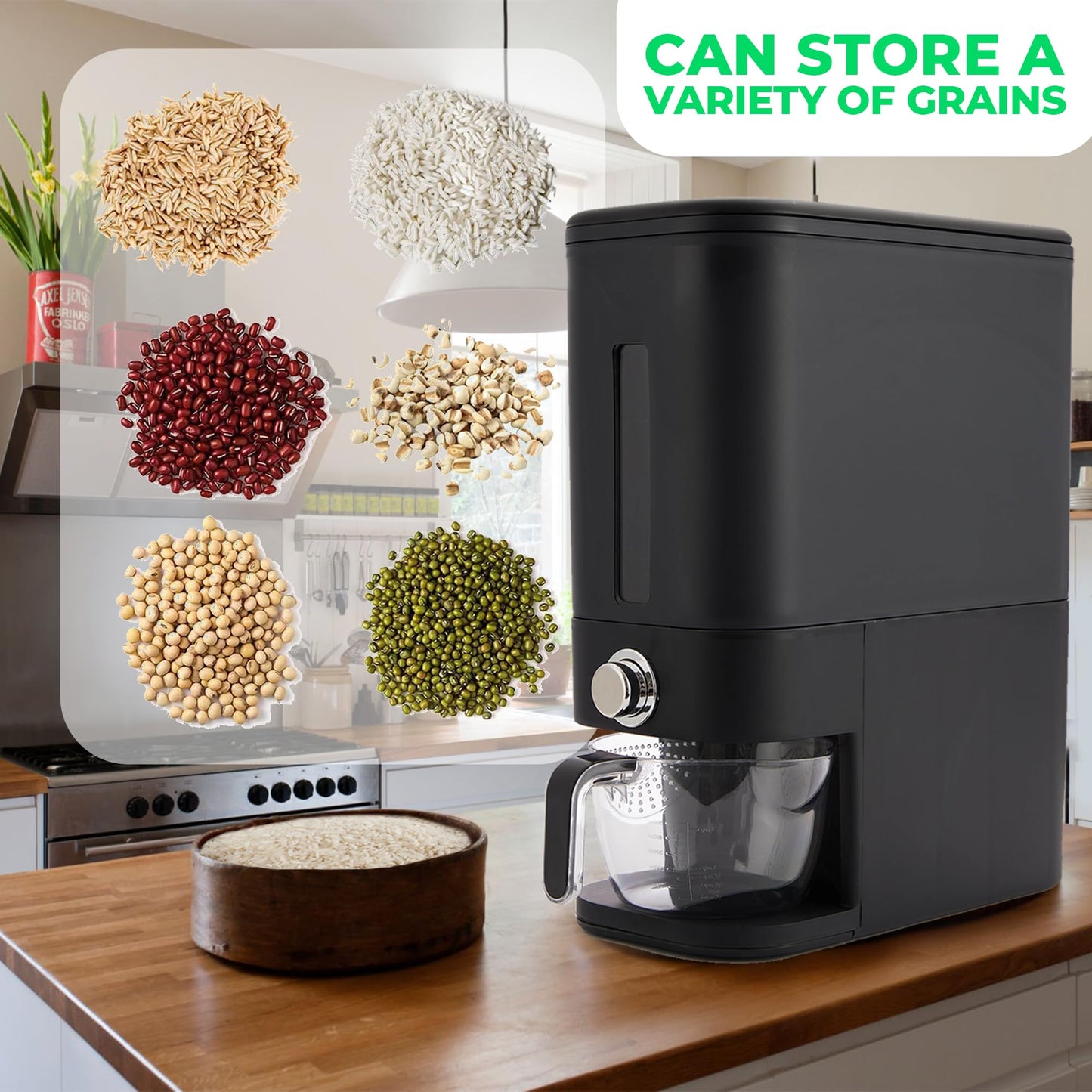 Culmino Rice Dispenser 25 lbs I Rice Storage Container 25 lbs with Sponge, Scoop & Measuring Cup I Airtight Rice Container with Lid I Best Food Dispenser Rice Bucket I Cereal Dispenser for Pantry