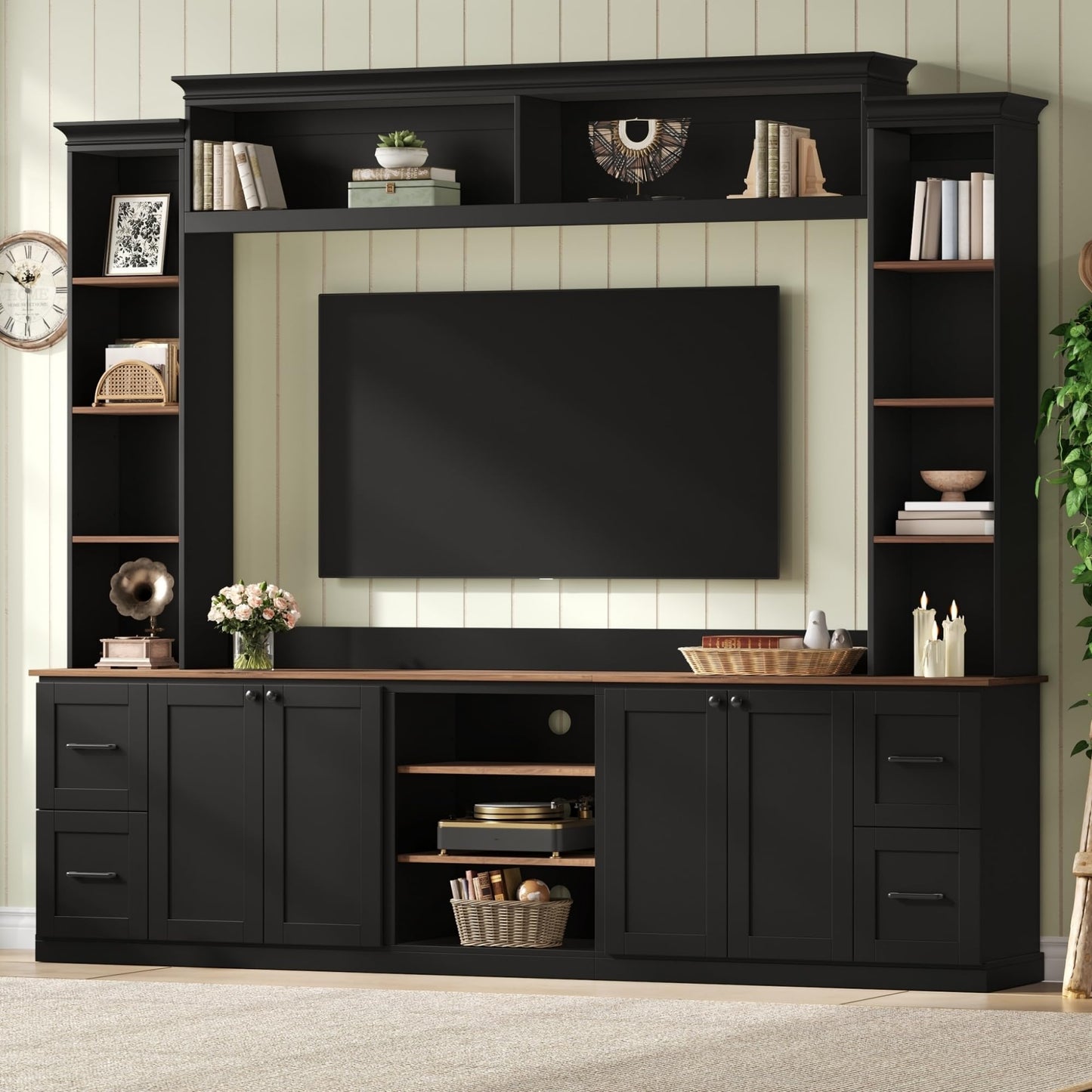 Ball & Cast 94.8" Entertainment Center Wall Unit with Bookshelf for TVs Up to 70",Farmhouse Large TV Stand with Walnut Adjustable Shelves,Retro Media Console with 4 Drawers for Living Room,Black