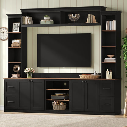 Ball & Cast 94.8" Entertainment Center Wall Unit with Bookshelf for TVs Up to 70",Farmhouse Large TV Stand with Walnut Adjustable Shelves,Retro Media Console with 4 Drawers for Living Room,Black