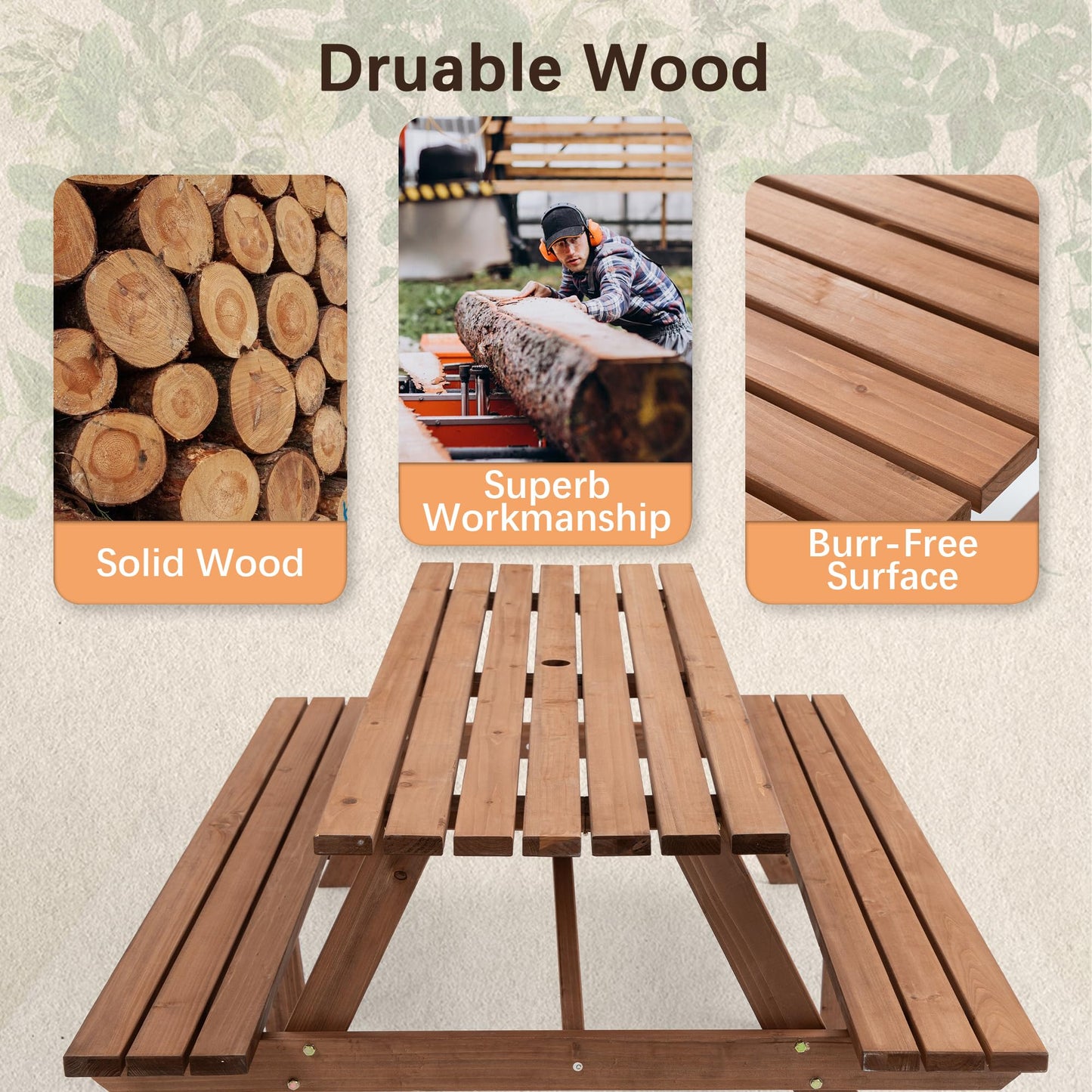 Jaxilyn Picnic Table with Bench for 6-8 Person Outdoor Wooden Rectangle Table for Backyard, Porch, Patio, Deck w/Umbrella Hole -Brown