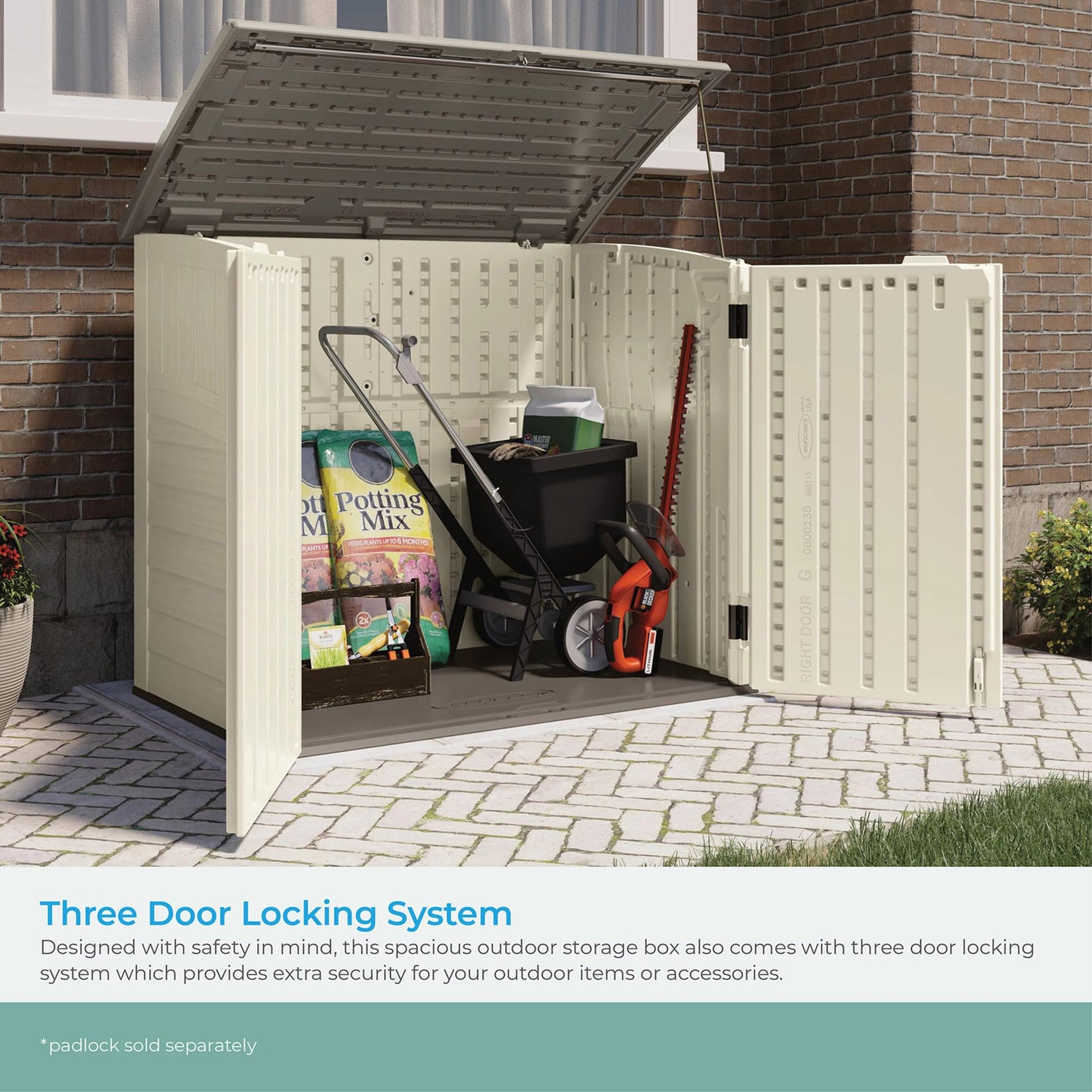 Suncast 34 Cu Ft Capacity Horizontal Outdoor Storage Shed for Garbage Cans, Garden Accessories, Backyard, and Patio Use, Vanilla