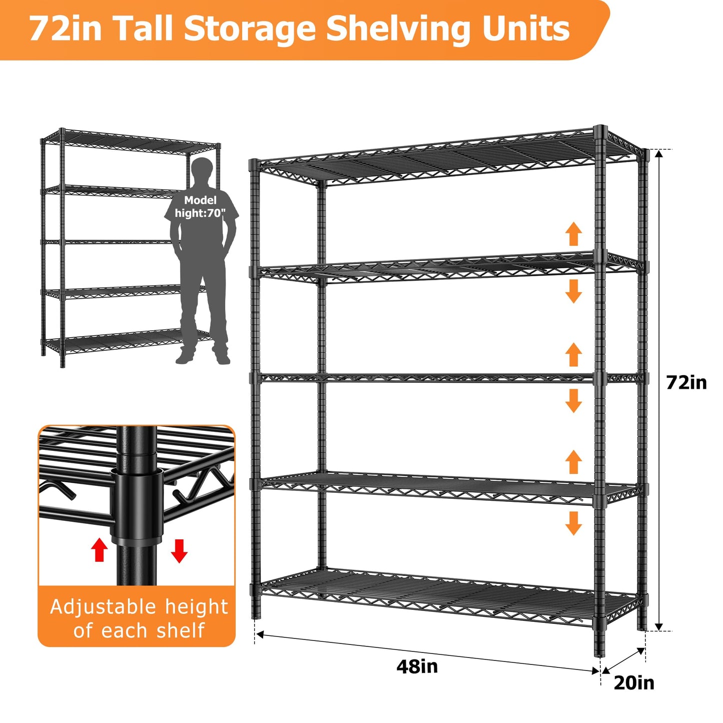 Storage Shelves Heavy Duty, 2 PCS 48" L x 20" W x 72" H Garage Wire Shelving Unit Loads 2000LBS, 5-Tier Adjustable Metal Industrial Utility Shelf Rack for Kitchen, Laundry Room, Warehouse, Basement