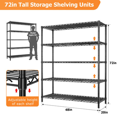 Storage Shelves Heavy Duty, 2 PCS 48" L x 20" W x 72" H Garage Wire Shelving Unit Loads 2000LBS, 5-Tier Adjustable Metal Industrial Utility Shelf Rack for Kitchen, Laundry Room, Warehouse, Basement