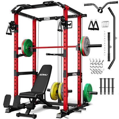 GOIMU RH01 Power Cage Rack, 2000LBS Squat Rack with with Cable Crossover System&LAT Pull Down System, Multi-Function Workout Cage for Home&Garage Gym (Red-SE, RH01 Power Cage with 290LB C Weights)