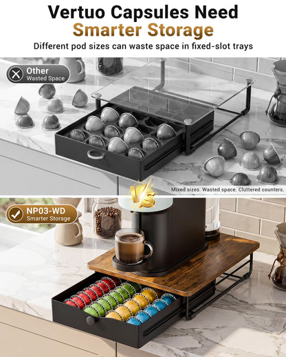 EVERIE Coffee Pod Holder Drawer, Compatible with Nespresso Vertuo Capsules, Holds 40 Large or 52 Small Pods, Flexible Slots for 4 Capsule Sizes, Rustic Brown Countertop Organizer, 15.6" Dx13 Wx3.7 H
