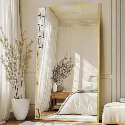 82"X44" Full Length Mirror with Stand, Oversized Floor Mirror Full Length, Tempered Glass Extra Large Free Standing Mirror for Gym Bedroom Living Room Clothing Store, Aluminum Alloy Frame, Gold