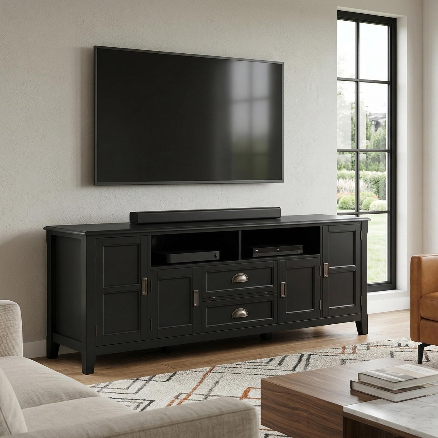 SIMPLIHOME Burlington TV Stand - 72 inch Wide Solid Wood Media Console in Black, Transitional Entertainment Center for Living Room for TVs up to 80 Inches with Cabinets and Cord Management