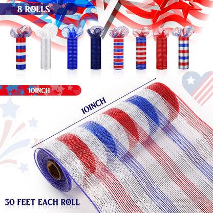 Newwiee 8 Rolls Patriotic Mesh Ribbon for Wreaths 10 Inch x 30 Feet Each Roll Veteran Decor Red White Blue Mesh Ribbon Metallic Foil 4th of July Decoration DIY Crafts Making Supplies