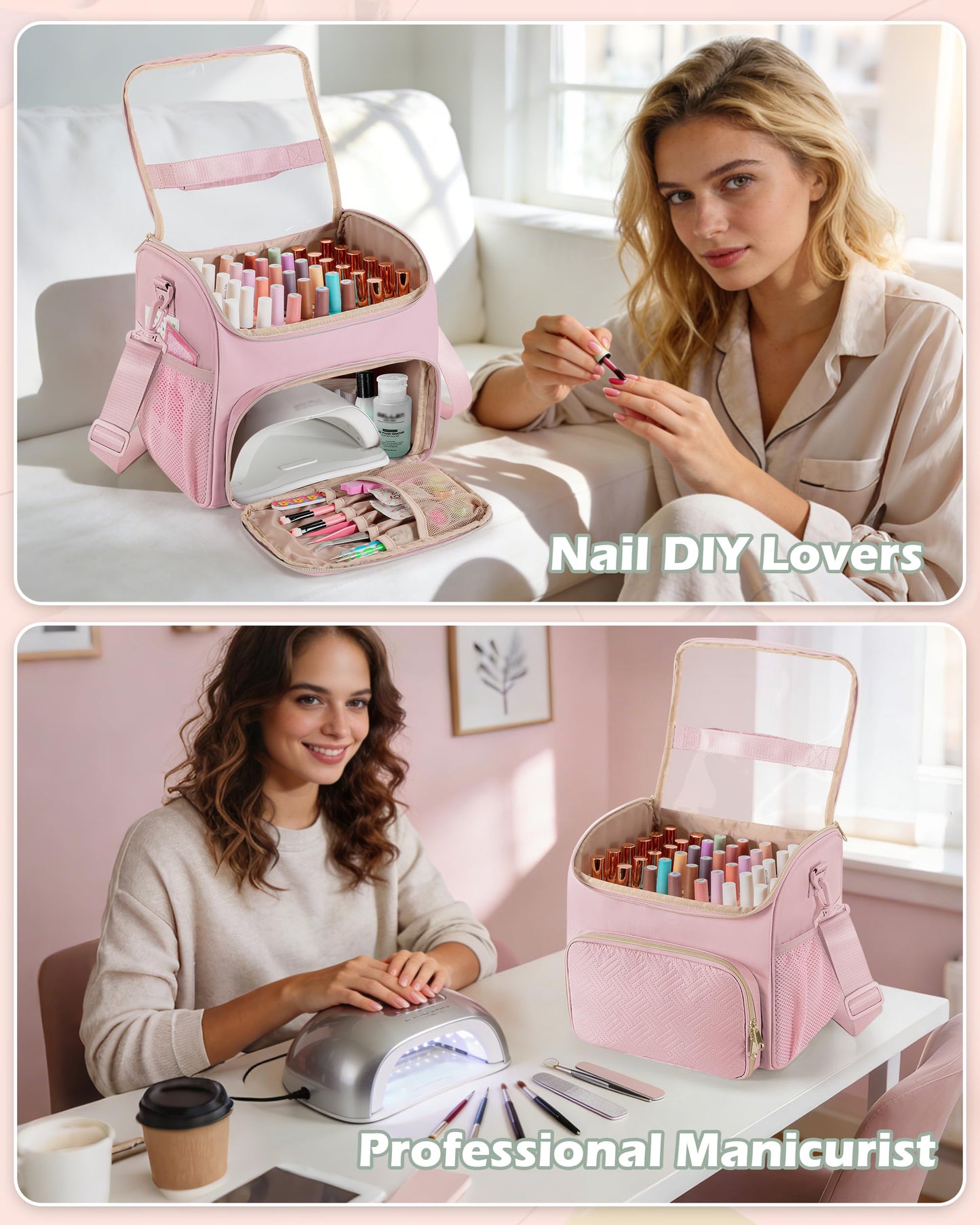 Prokva Nail Polish Organizer Bag Holds 42 Bottles(15ml/0.5 fl.oz), Double Layer Nail Storage Case for Gel Polish and Manicure Tools, Travel Nail Bag, Pink